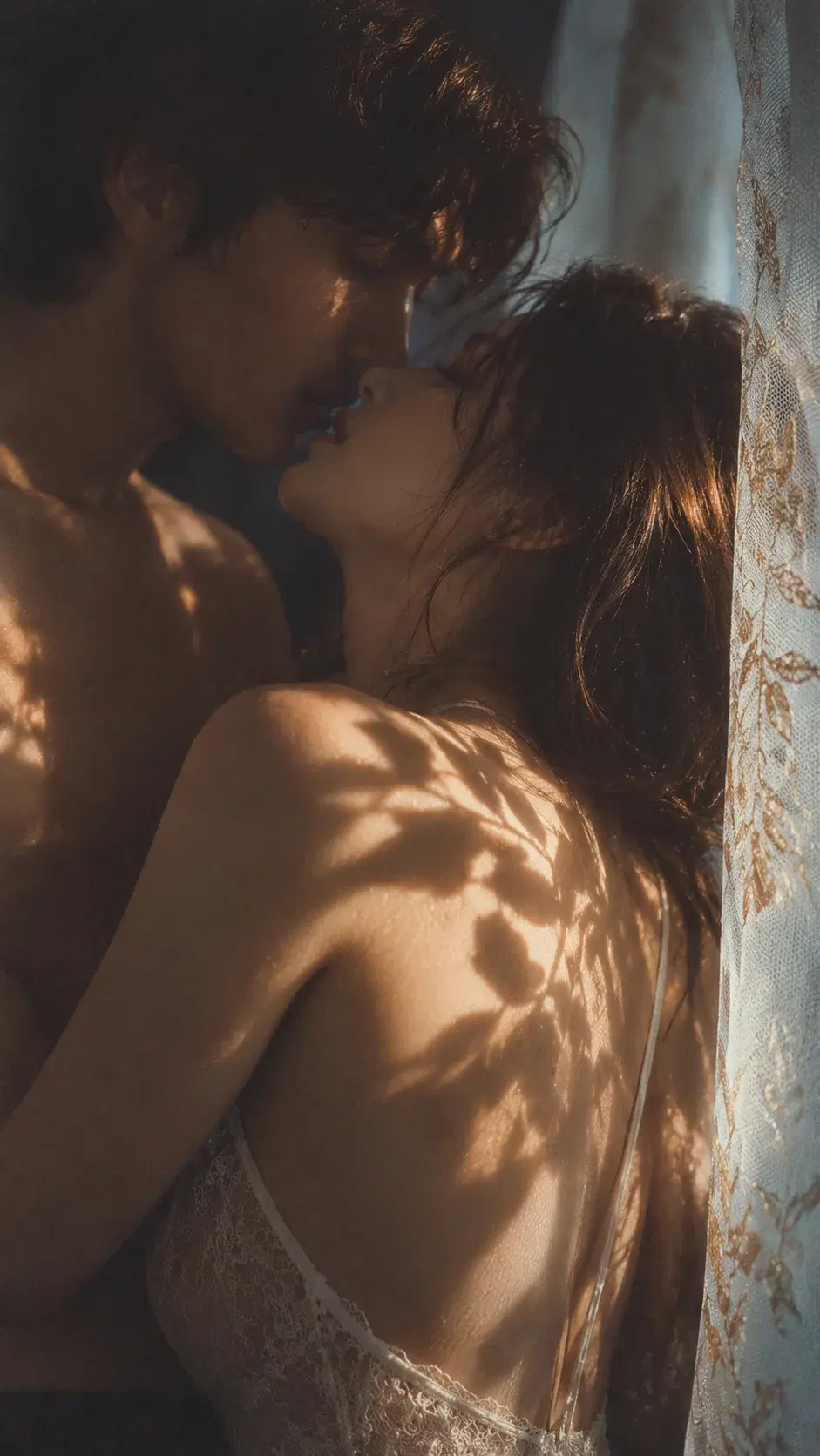 Cinematic portrait of an adult couple hugging in warm light