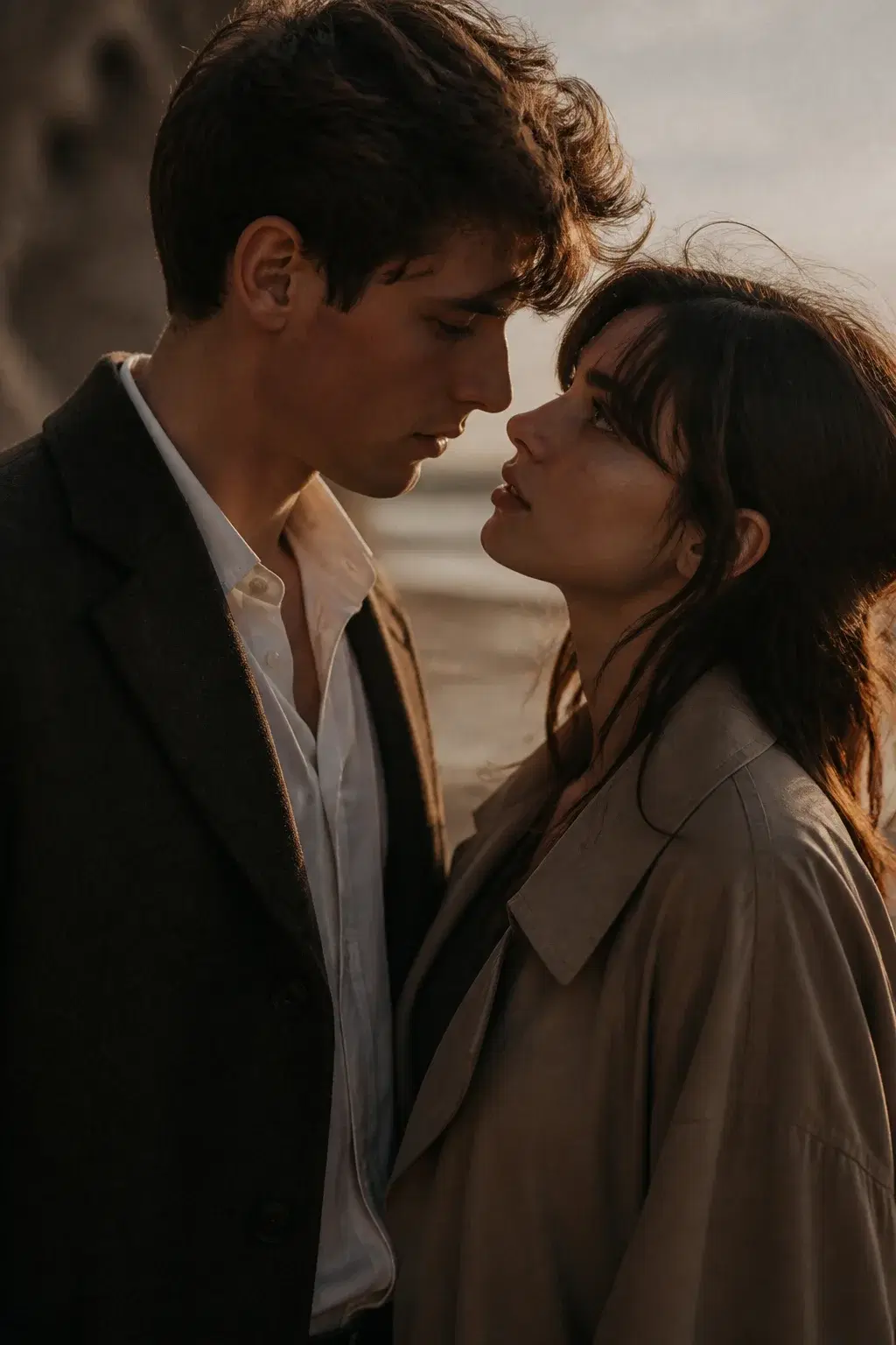 Cinematic portrait of an adult couple looking into each other's eyes at sunset
