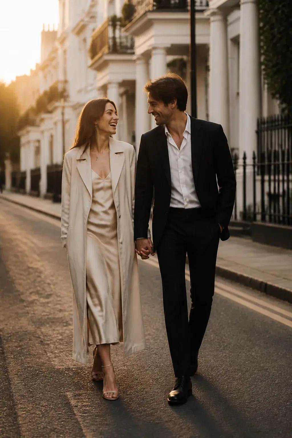Cinematic portrait of an adult couple laughing and walking hand in hand on a sunlit city street