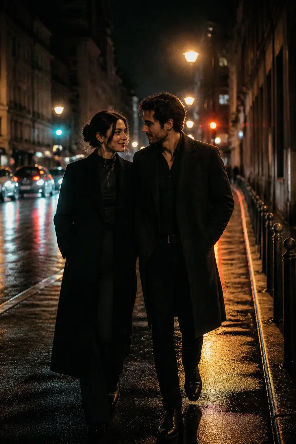 Cinematic portrait of an adult couple on a wet city street after rain at night