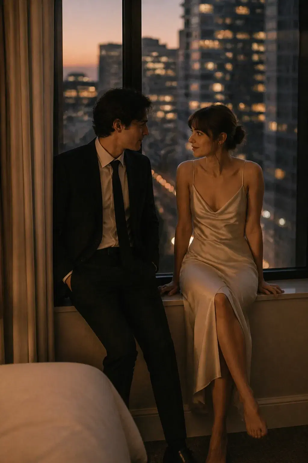 Cinematic portrait of an adult couple in evening wear at a hotel window overlooking the city at dusk