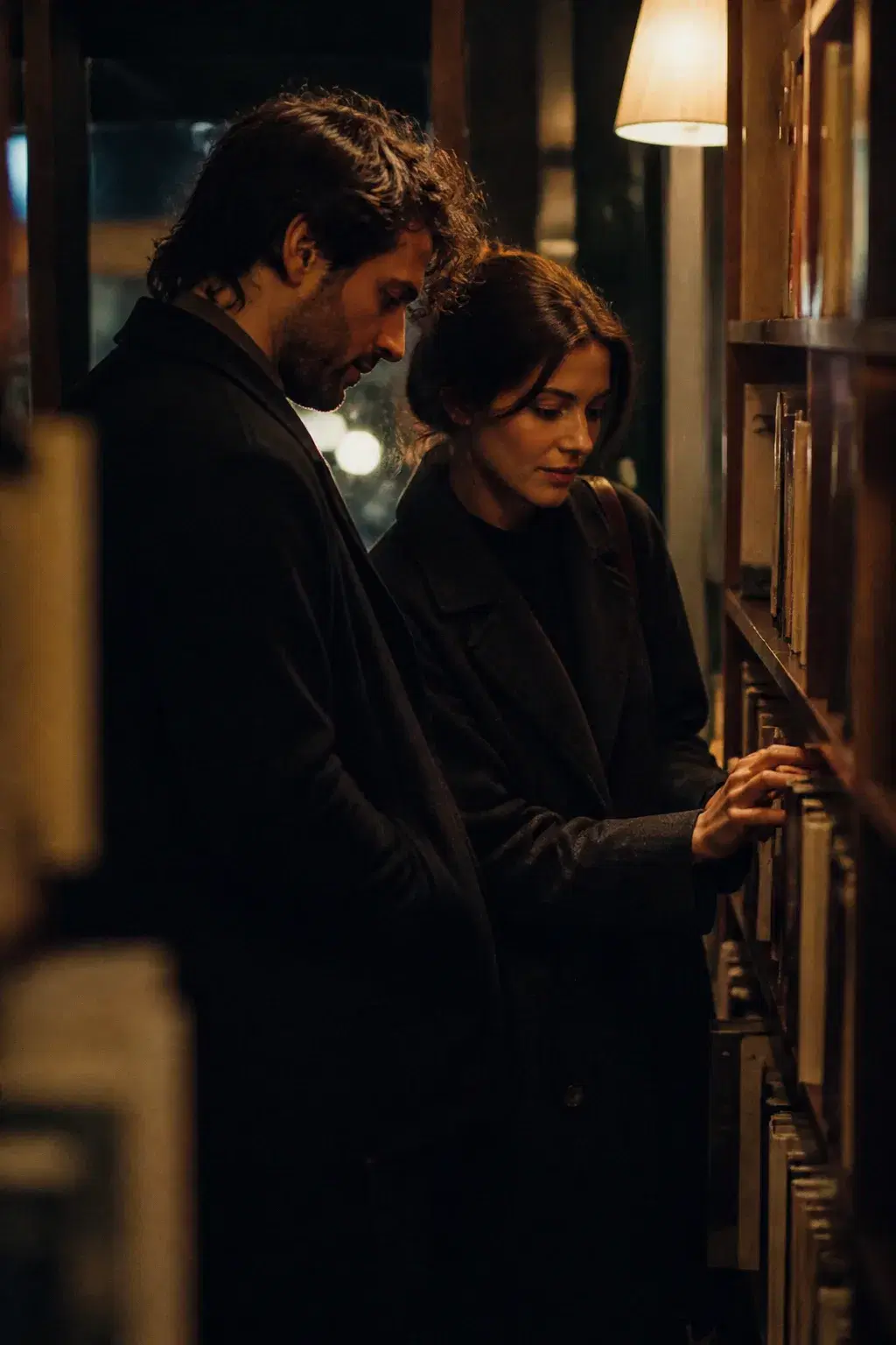 Cinematic portrait of an adult couple in a bookstore at night
