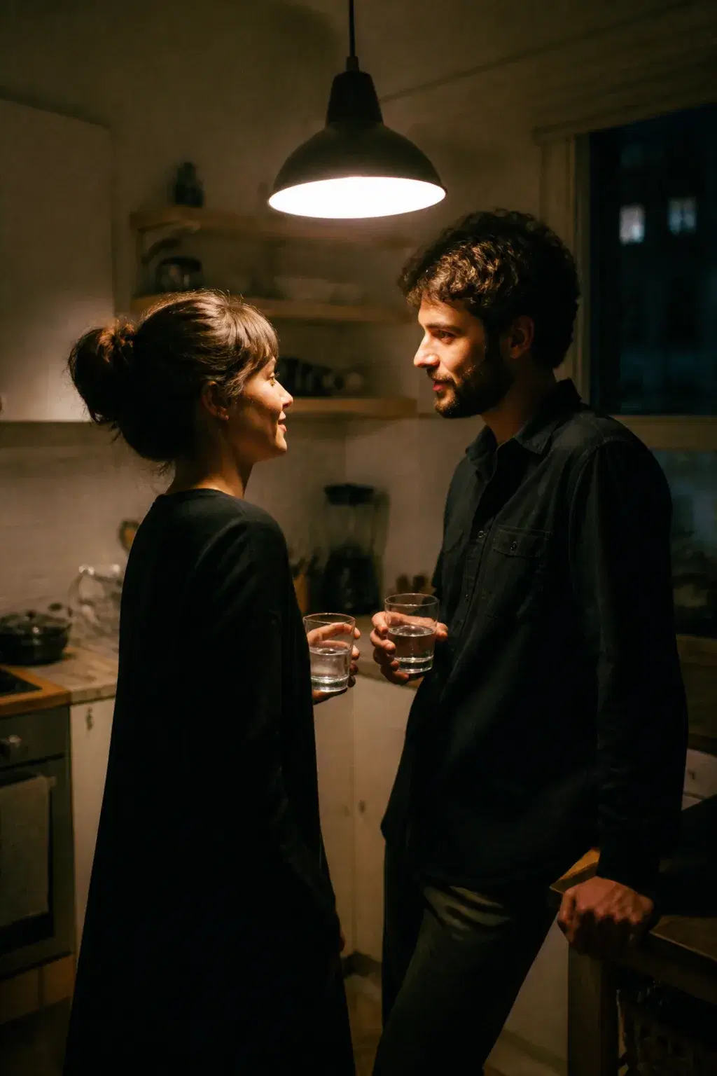 Cinematic portrait of an adult couple in a quiet kitchen at night