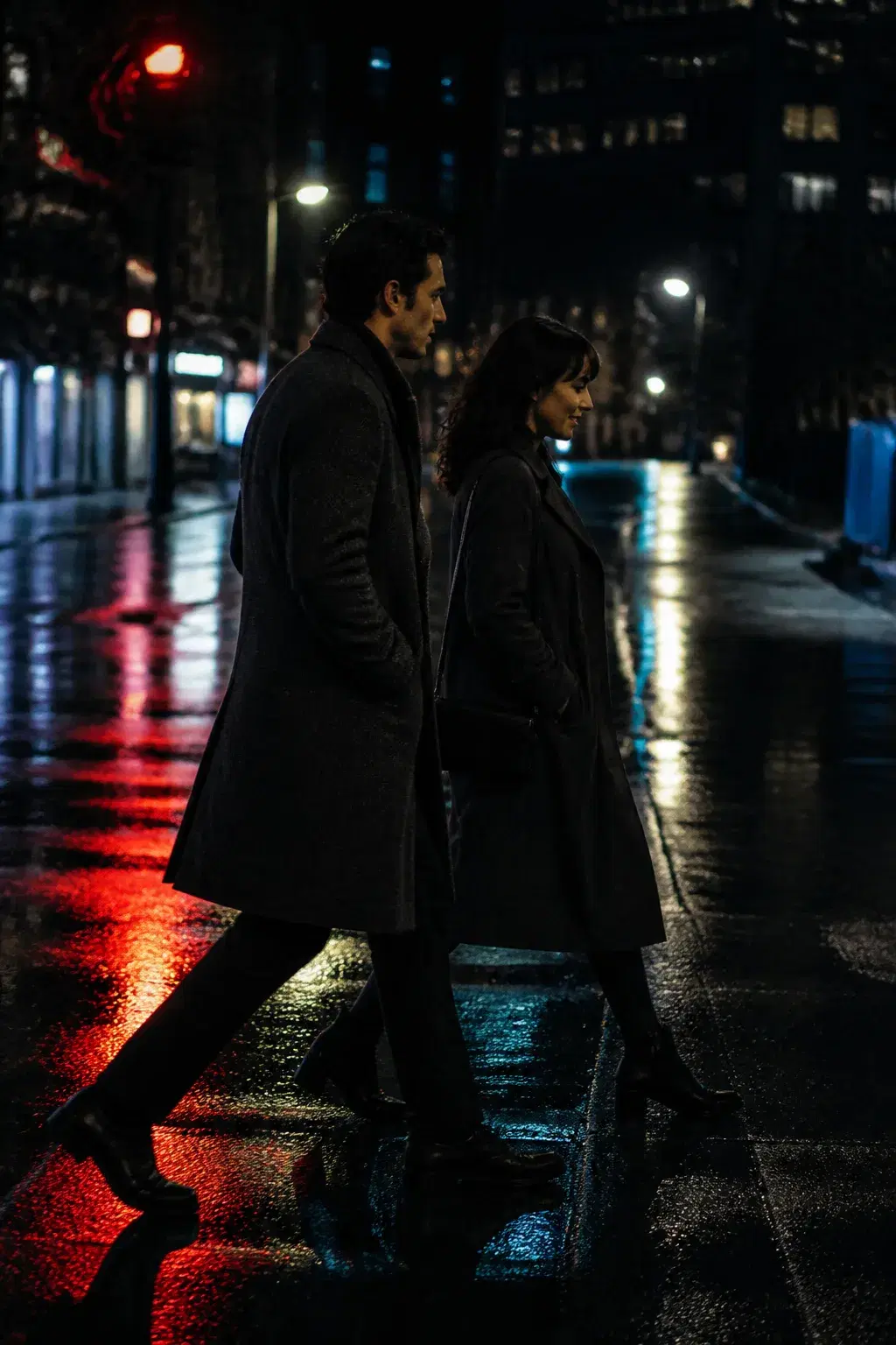 Cinematic portrait of an adult couple walking a wet neon-lit city street at night
