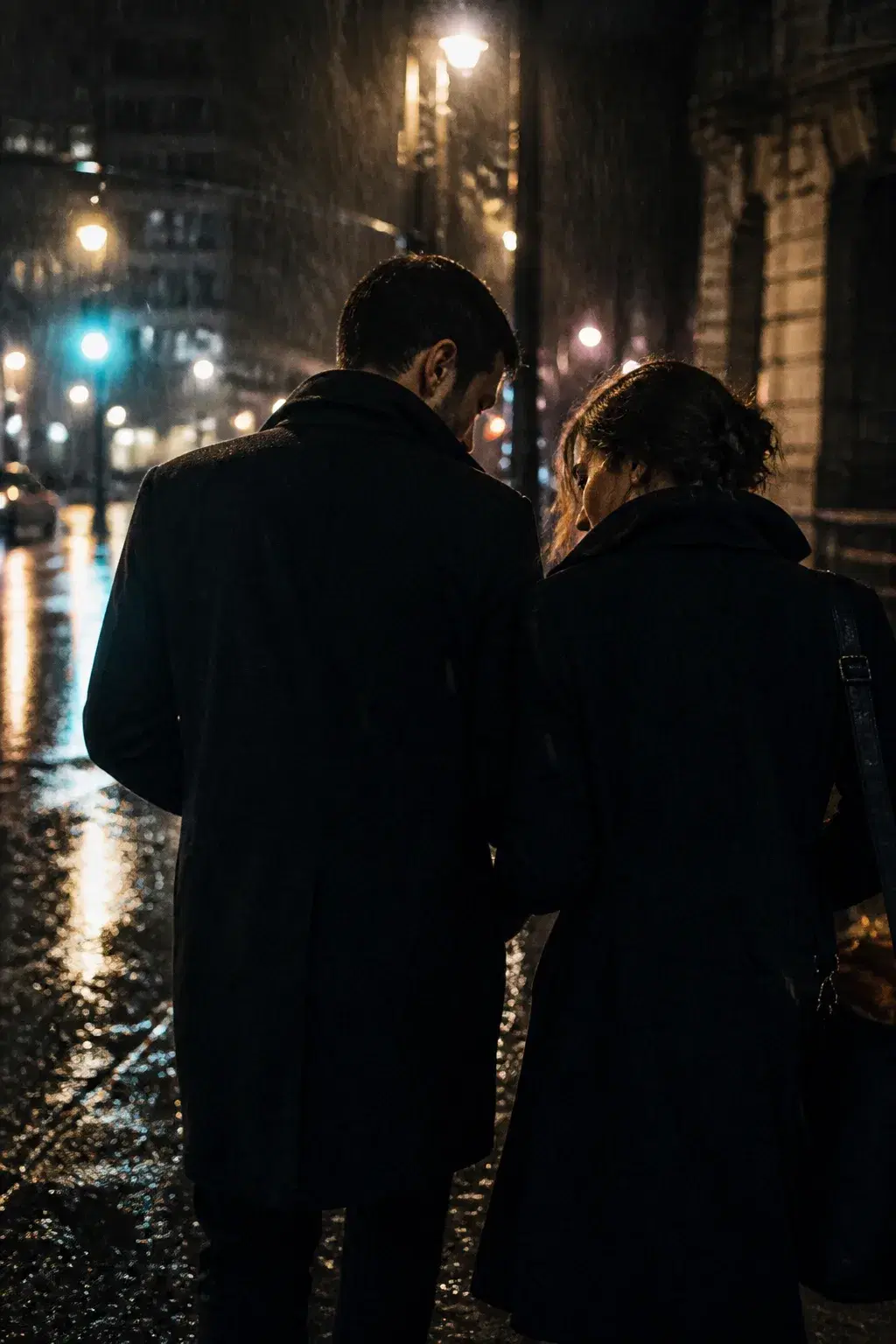 Cinematic portrait of an adult couple walking a wet city street in the rain at night