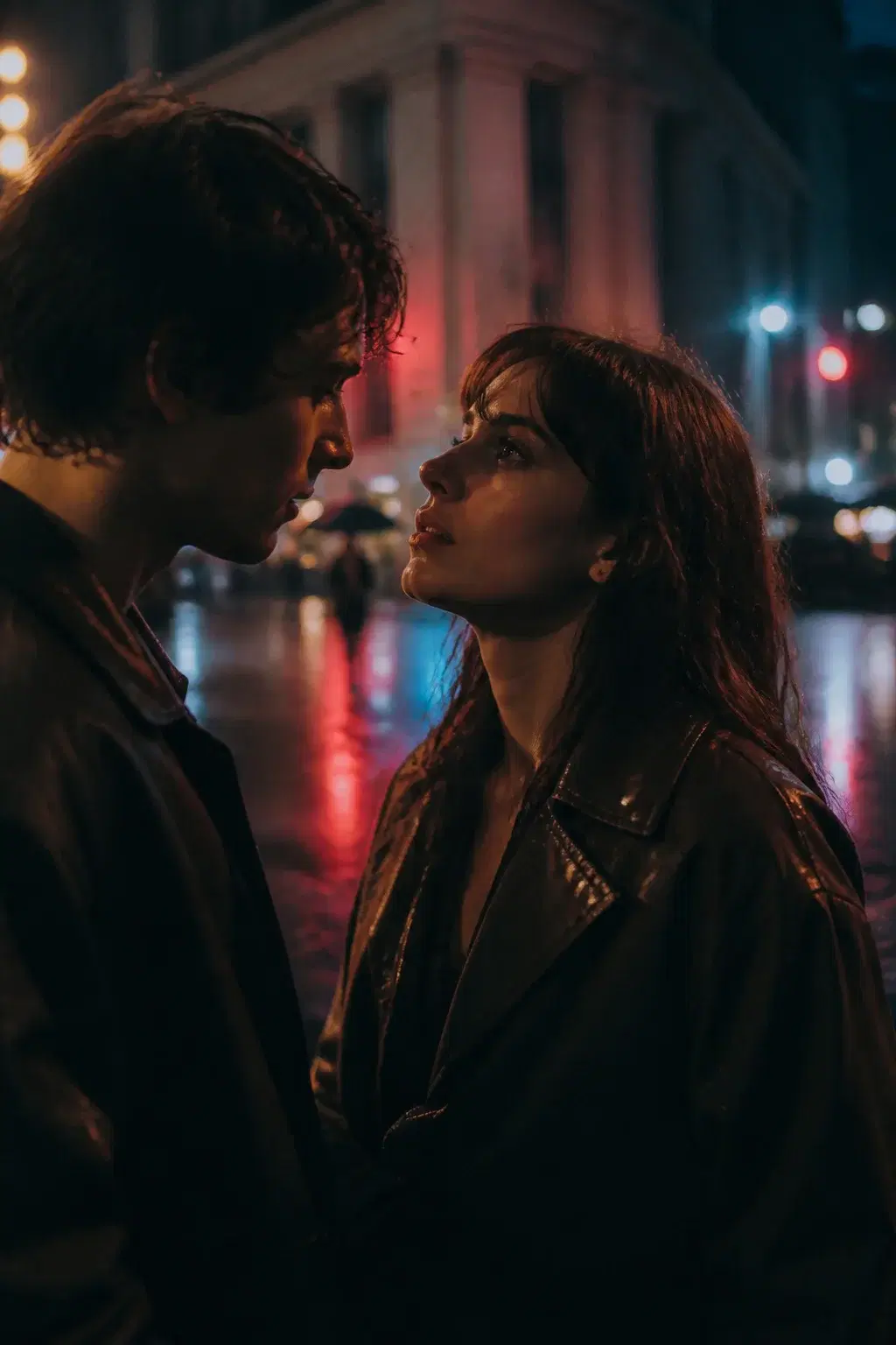 Cinematic portrait of an adult couple standing close on a rainy city street at night