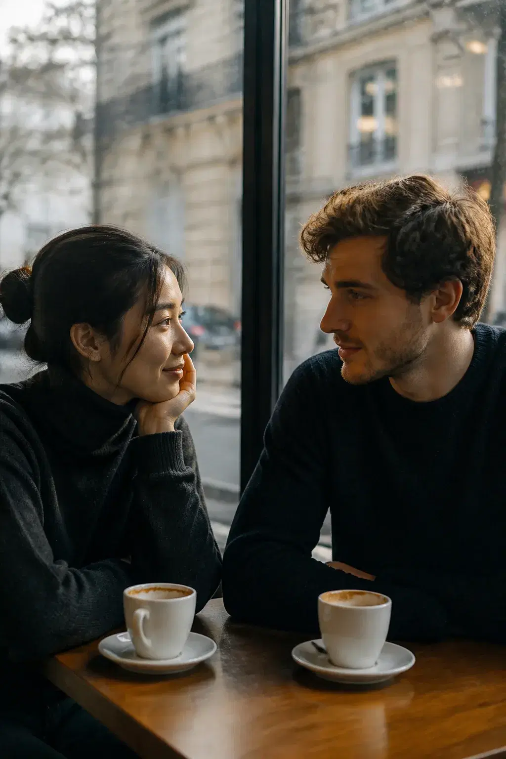 Cinematic portrait of an adult couple at a cafe window in the morning