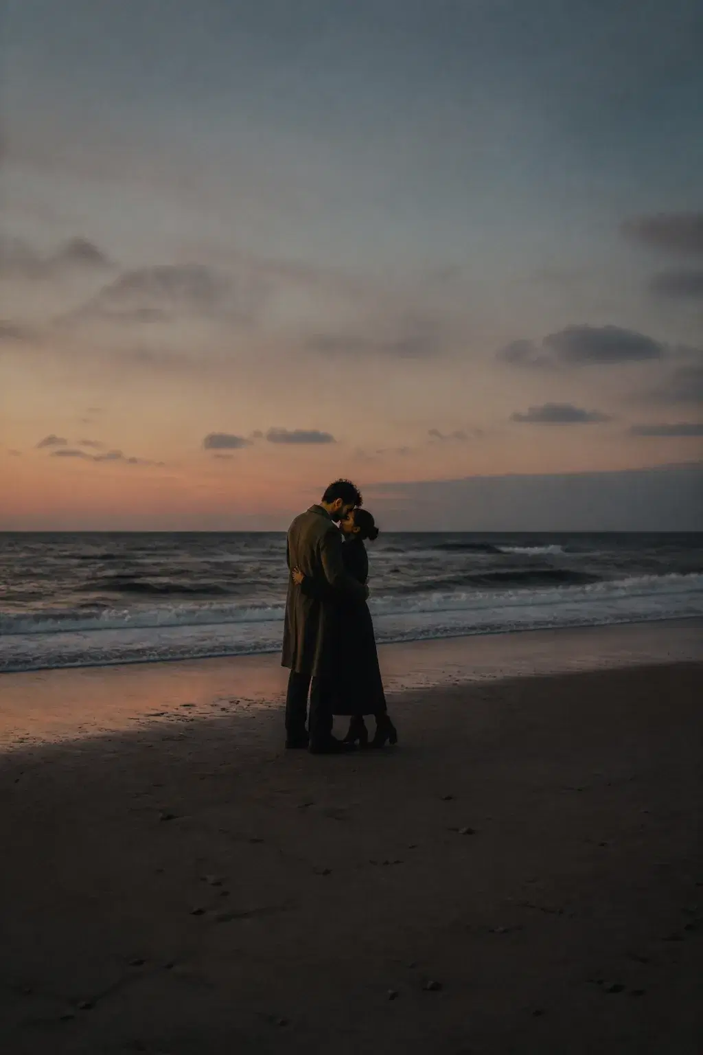 Cinematic portrait of an adult couple embracing on an empty beach at dusk