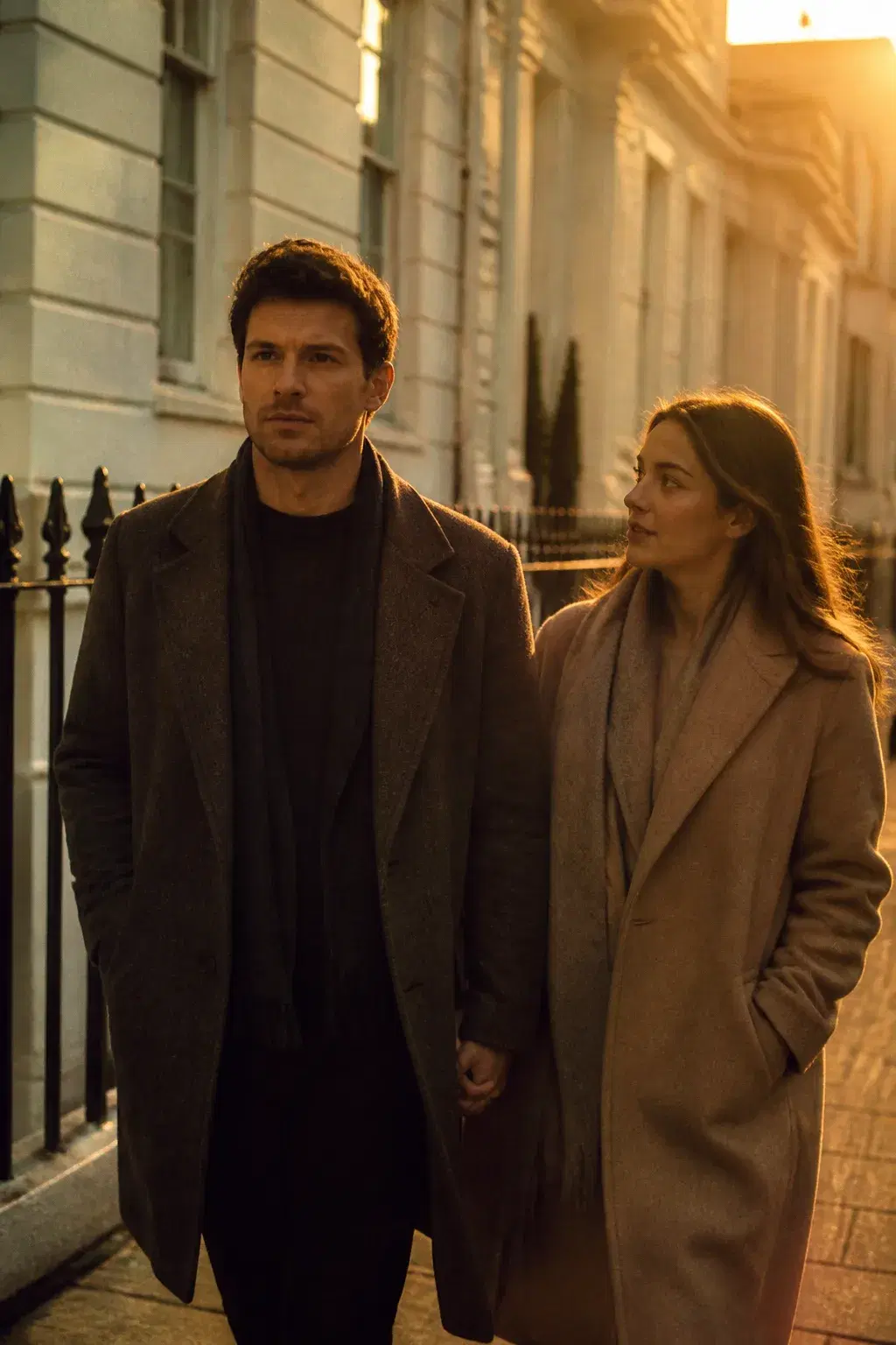 Cinematic portrait of an adult couple walking a quiet street of pale townhouses at golden hour