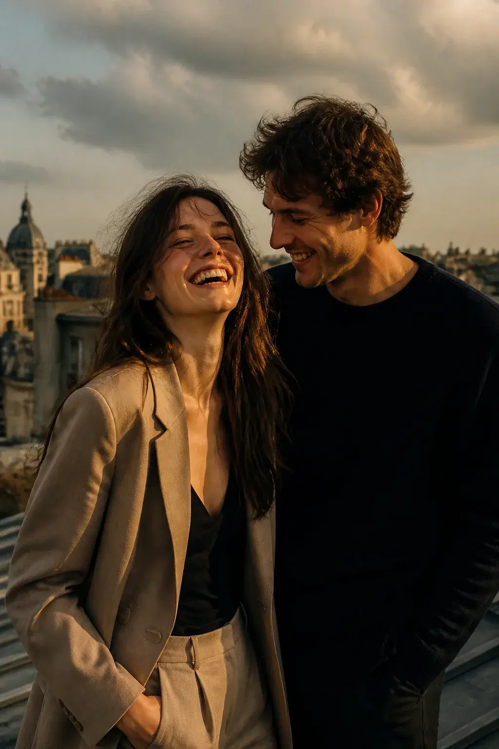 Cinematic portrait of an adult couple laughing together on a rooftop at golden hour