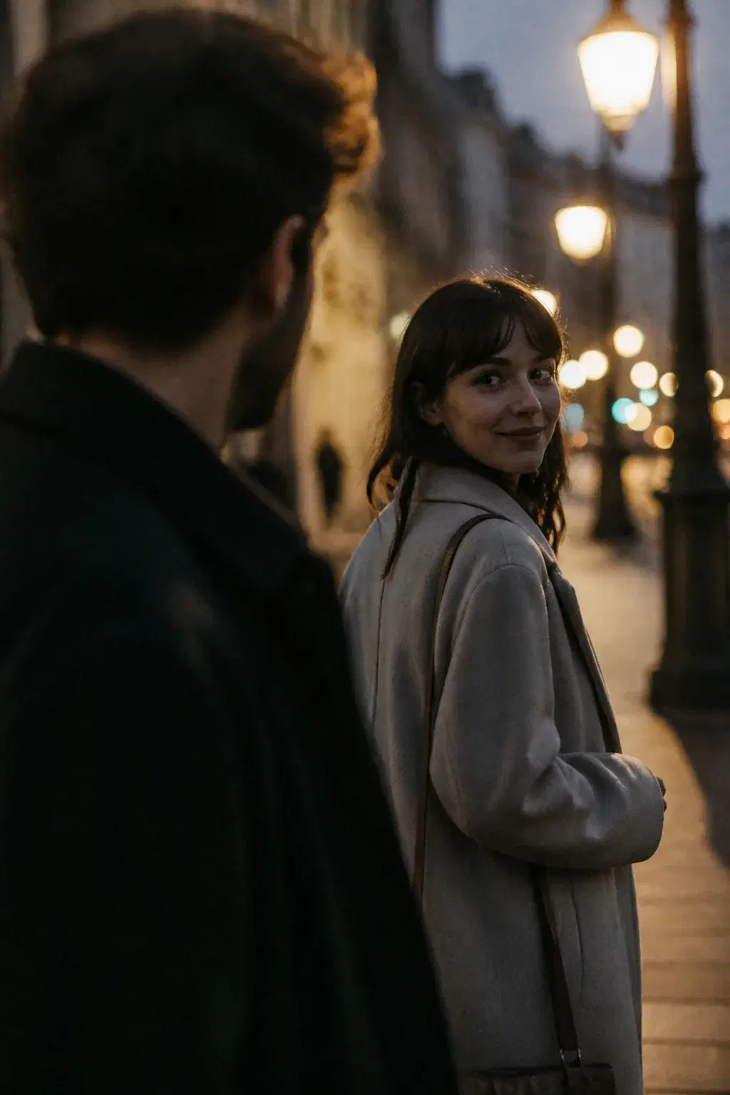 Cinematic portrait of a woman looking back at a man on a city street at dusk