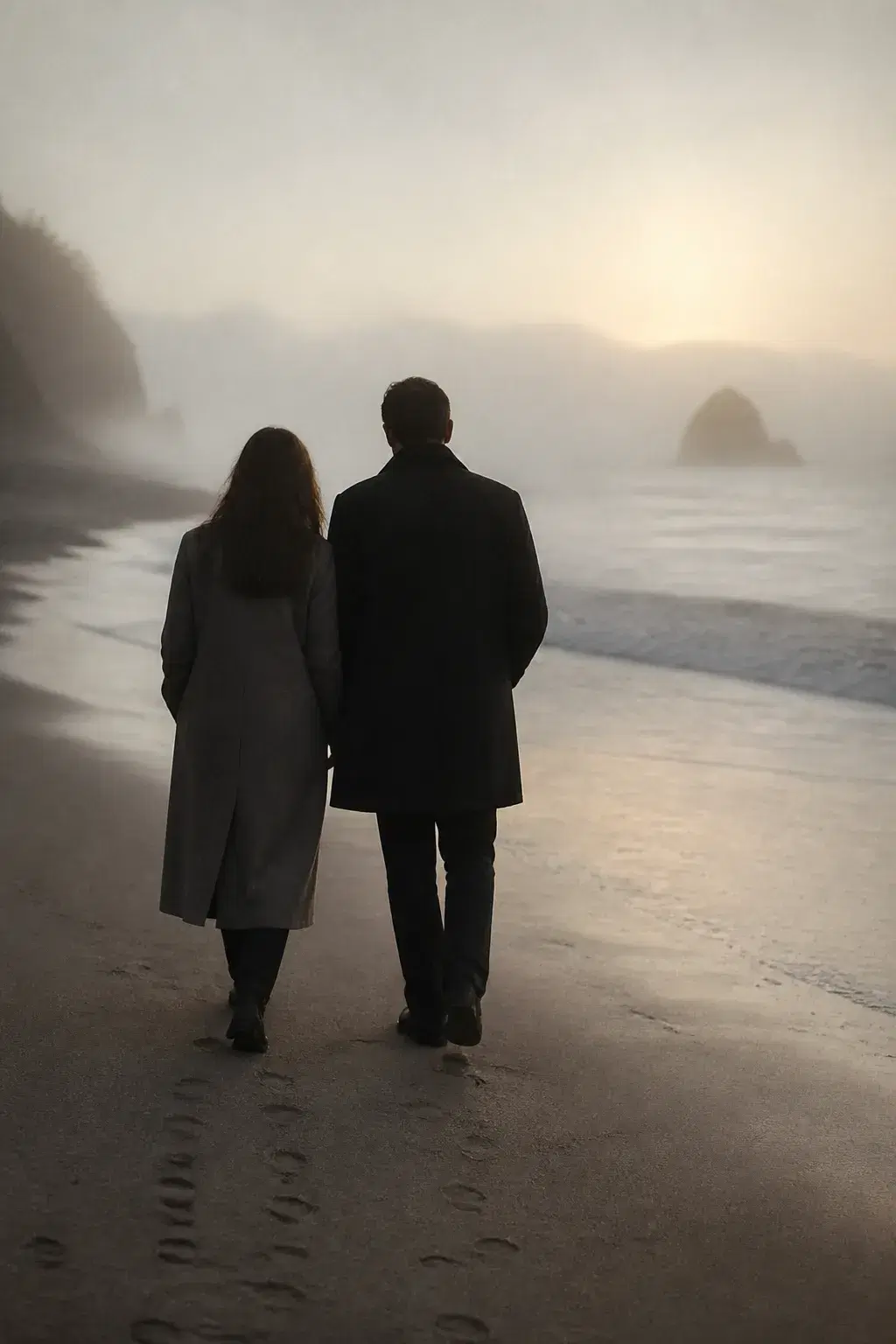 Cinematic portrait of an adult couple walking an empty misty beach at dawn