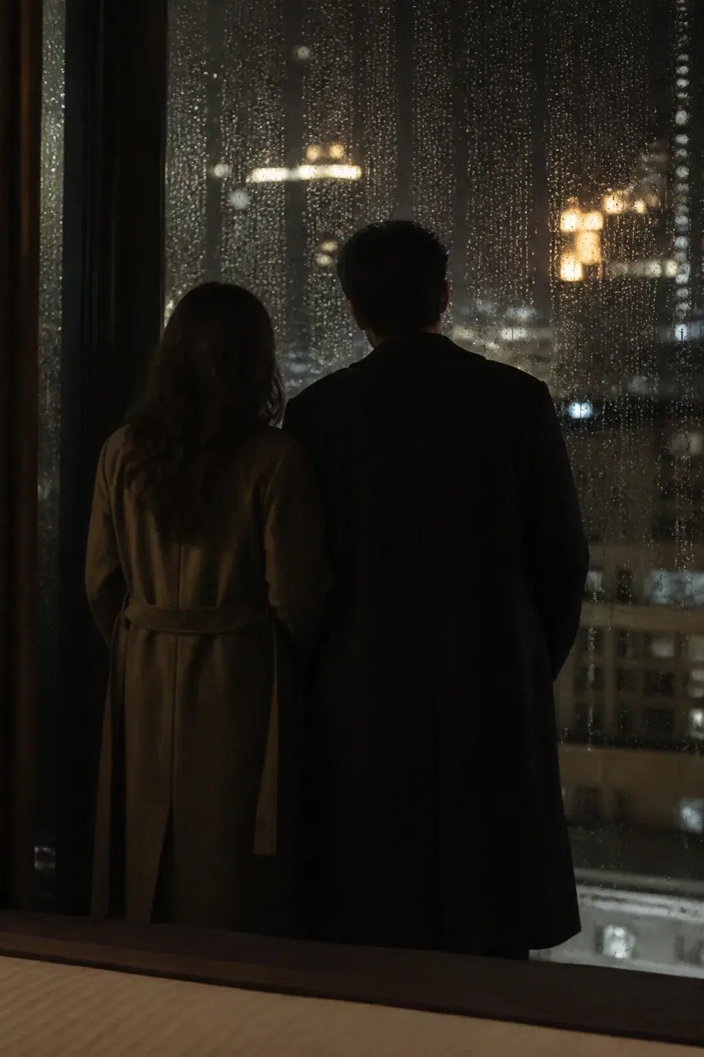 Cinematic portrait of an adult couple at a rain-streaked window overlooking the city at night