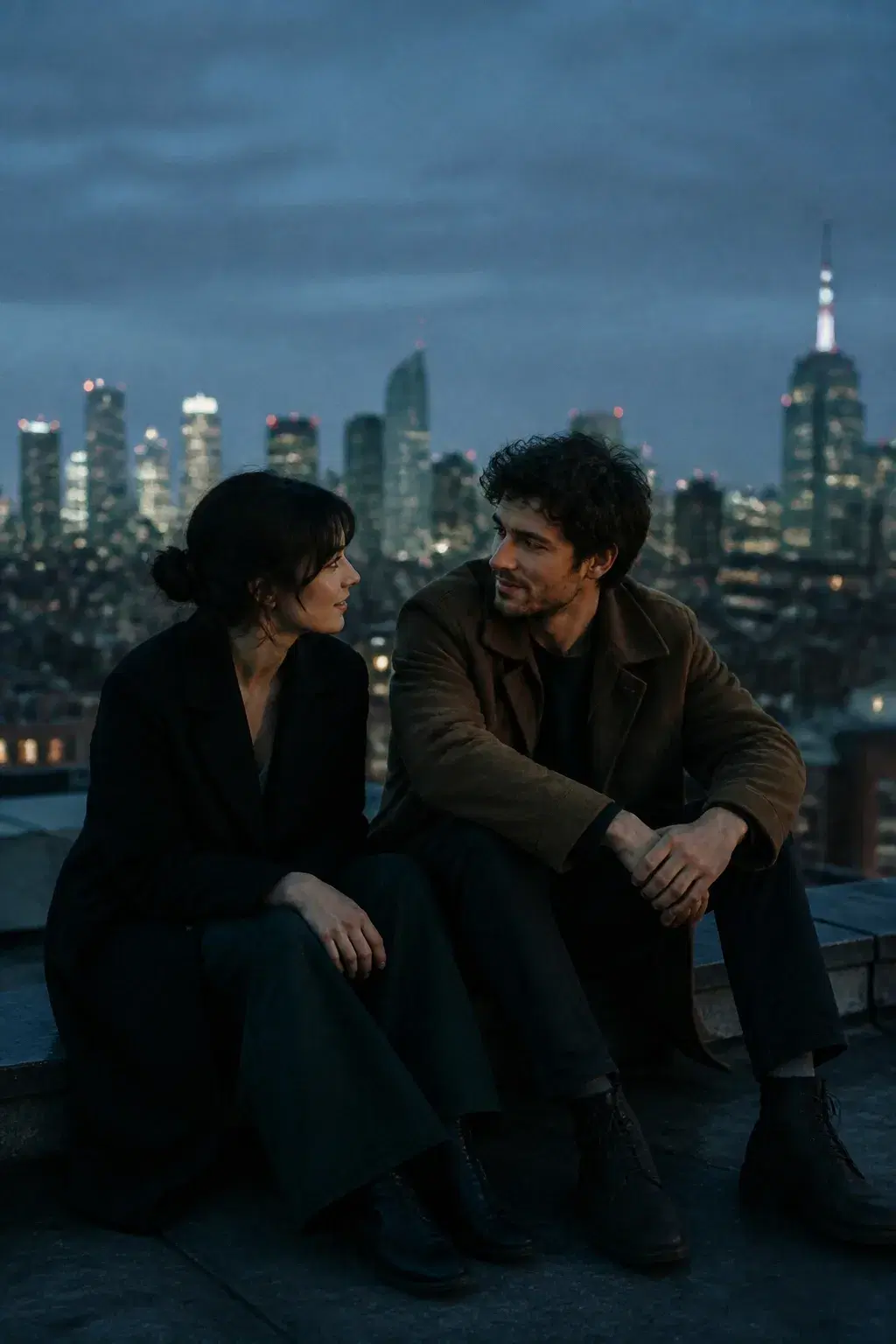Cinematic portrait of an adult couple sitting together on a rooftop at blue hour