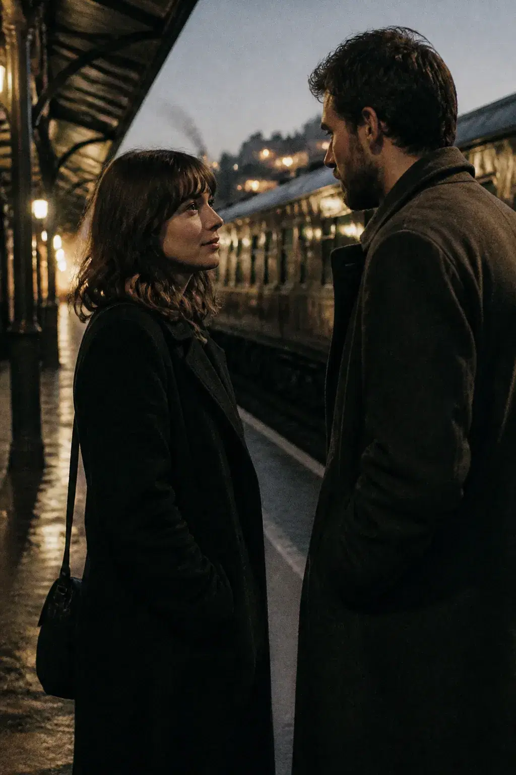 Cinematic portrait of an adult couple on a train platform at dusk