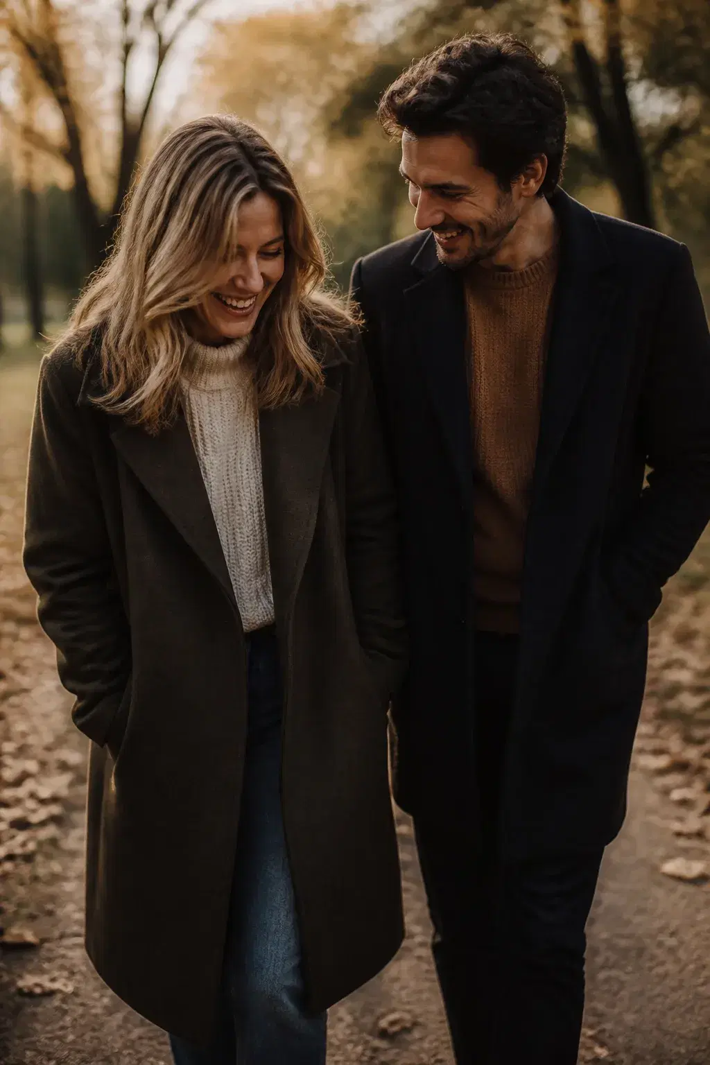 Cinematic portrait of an adult couple walking through an autumn park with fallen leaves
