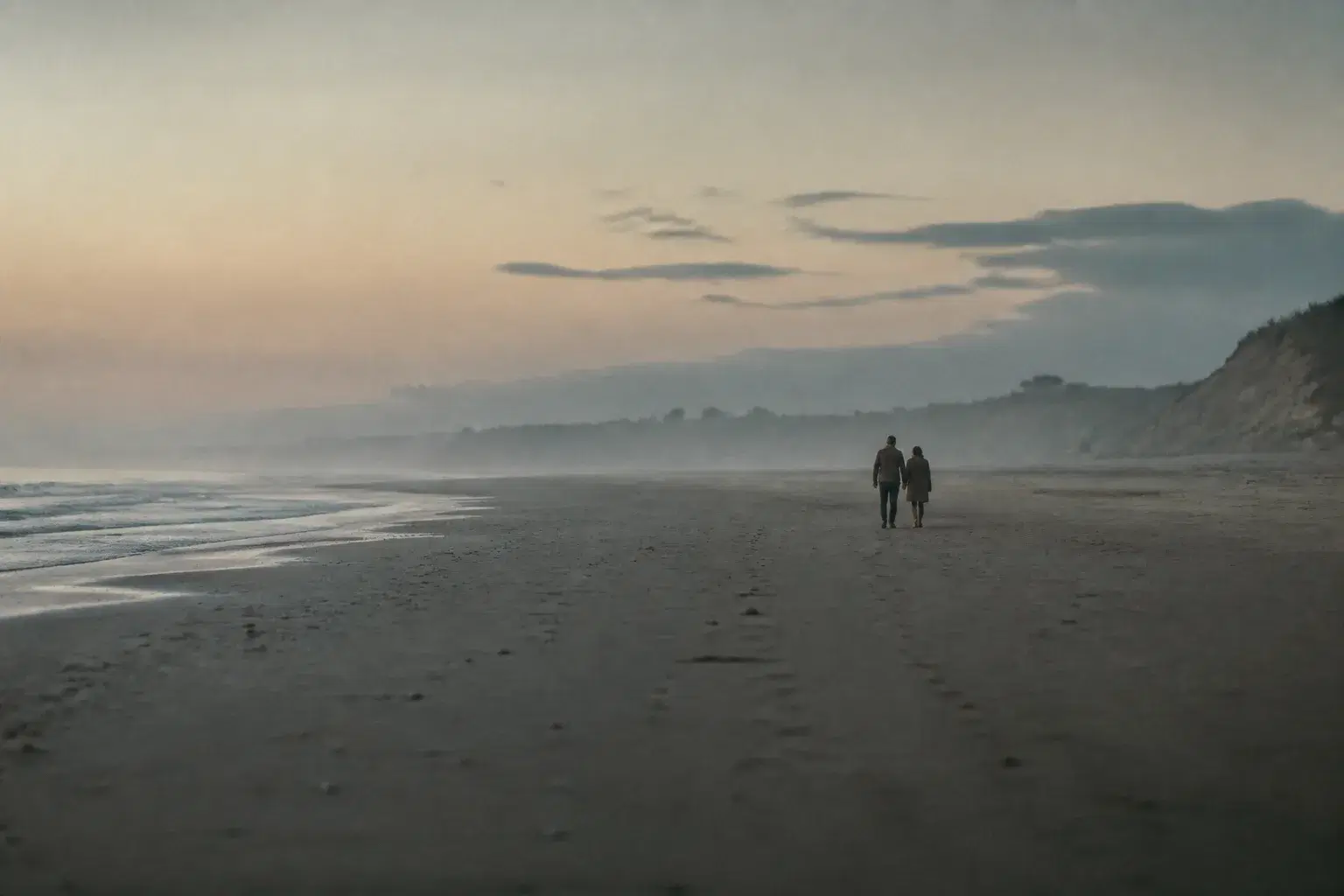 Wide cinematic view of an adult couple walking an empty misty beach at dusk