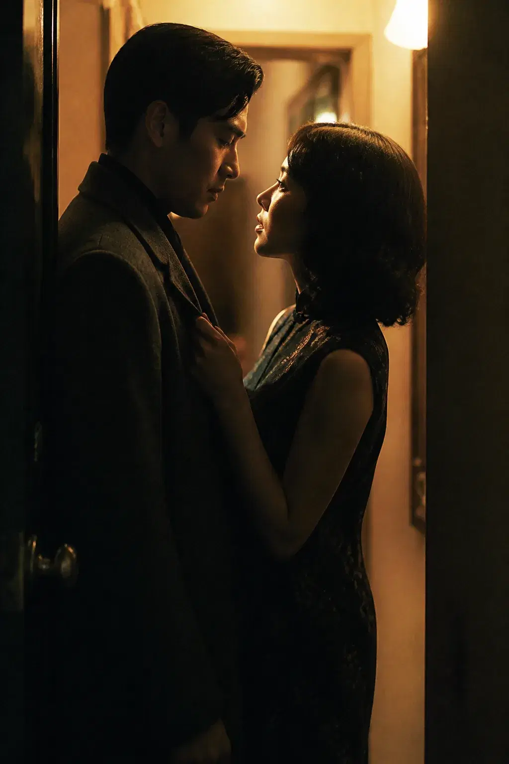 Cinematic portrait of an adult couple in a hotel doorway, her hand on his coat