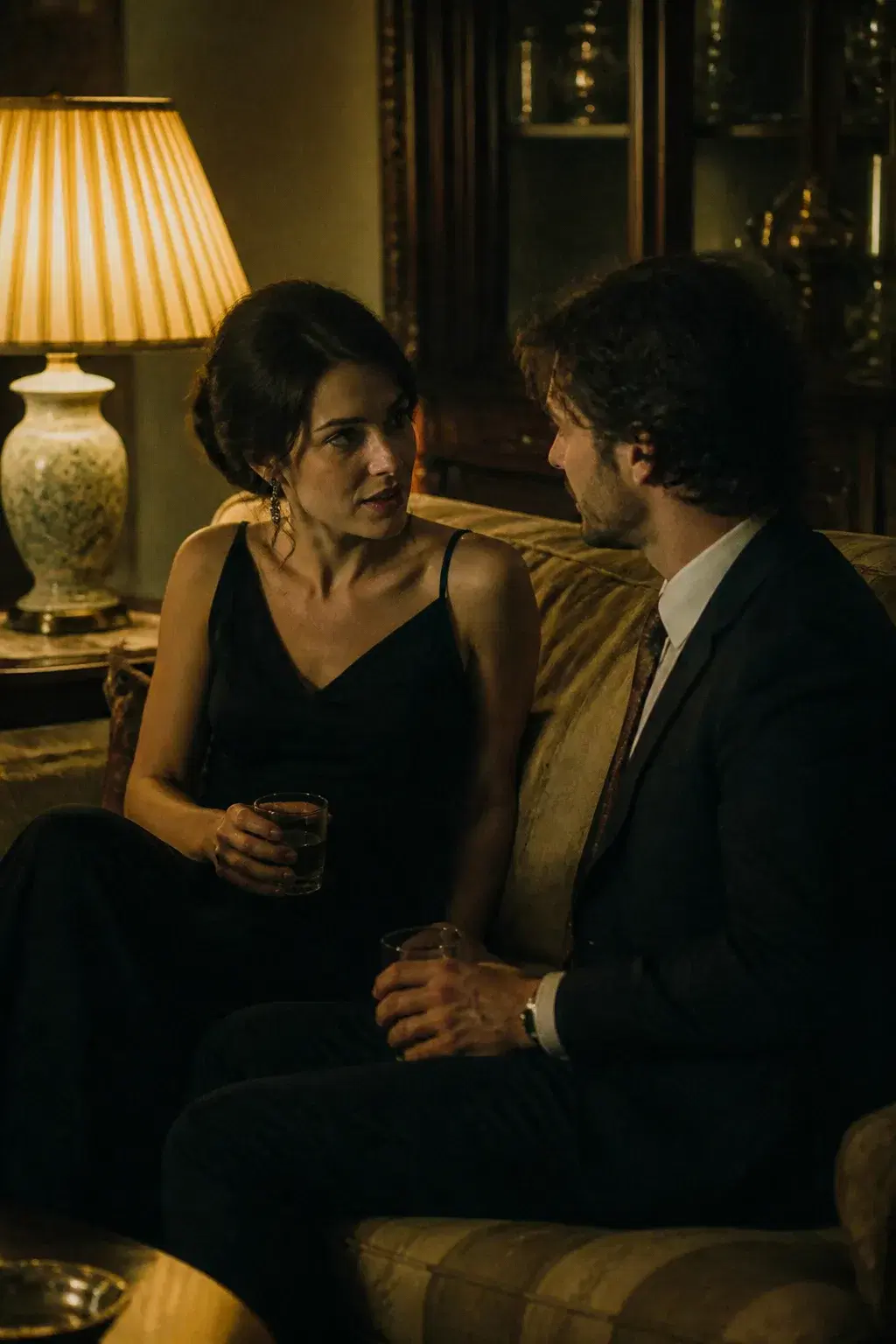 Vintage-inspired cinematic portrait of an adult couple in a living room lit by a lamp