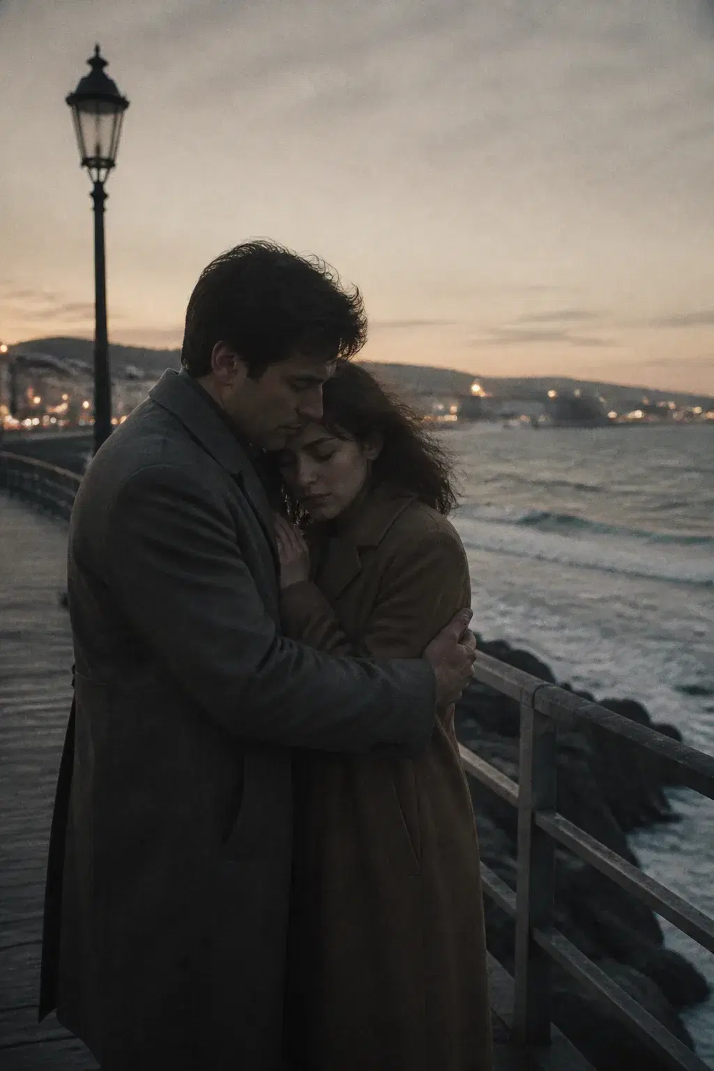 Vintage-inspired cinematic portrait of an adult couple in wool coats on a seaside boardwalk at dusk